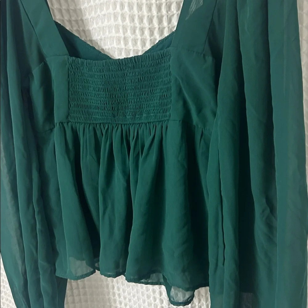 Abercrombie & Fitch Emerald Green Babydoll Blouse Sheer Puff Sleeves Medium